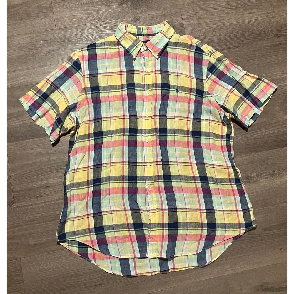 Polo Ralph Lauren Shirt Mens 2XL Short Sleeve Button Madras Plaid Linen Colorful